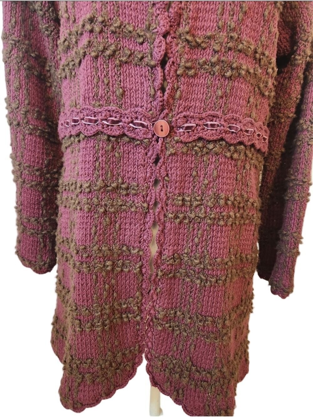 Vintage-Style Longline Knit Duster Cardigan - Plum & Brown Textured Empire Waist - Picture 5 of 15